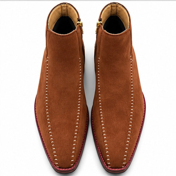 COGNAC SUEDE STITCHED ZIPPER ANKLE BOOTS