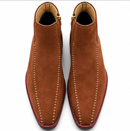 COGNAC SUEDE STITCHED ZIPPER ANKLE BOOTS