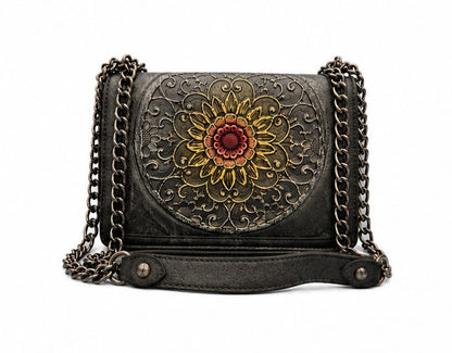 HANDCRAFTED EMBOSSED LEATHER CHAIN SHOULDER BAG BLACK