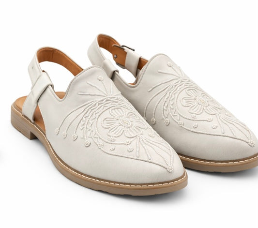 MEN'S PREMIUM WHITE DESIGNER EMBROIDERED ETHNIC SLIP-ON SANDAL SHOES