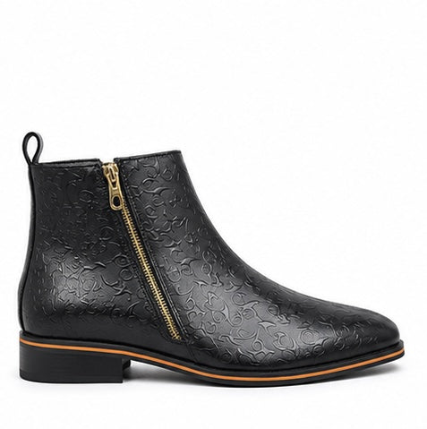 PREMIUM BLACK EMBOSSED CHELSEA BOOTS WITH GOLD ZIP DETAIL