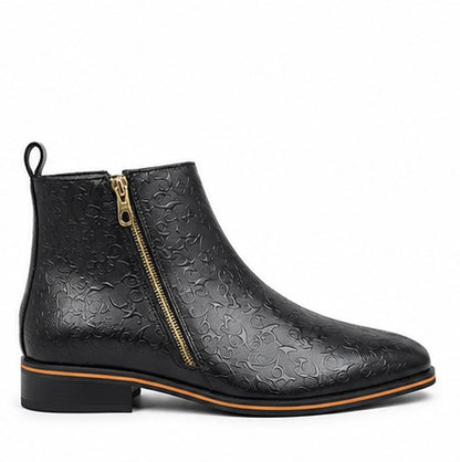 PREMIUM BLACK EMBOSSED CHELSEA BOOTS WITH GOLD ZIP DETAIL