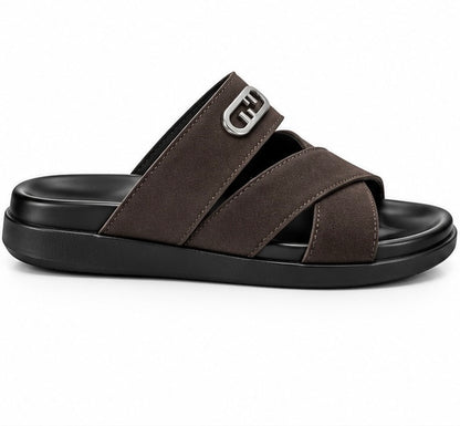 MEN’S CROSS-STRAP SLIDES – BROWN