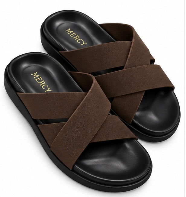 MEN’S CROSS-STRAP SLIDES – DARK BROWN