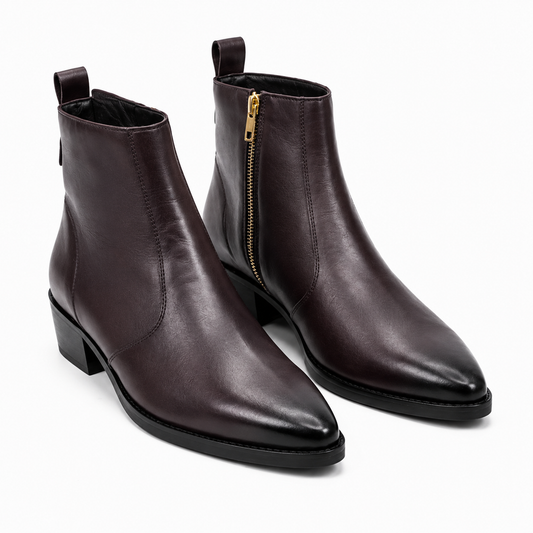 PREMIUM DARK BROWN LEATHER ANKLE BOOTS WITH GOLD ZIPPER AND SLEEK FINISH