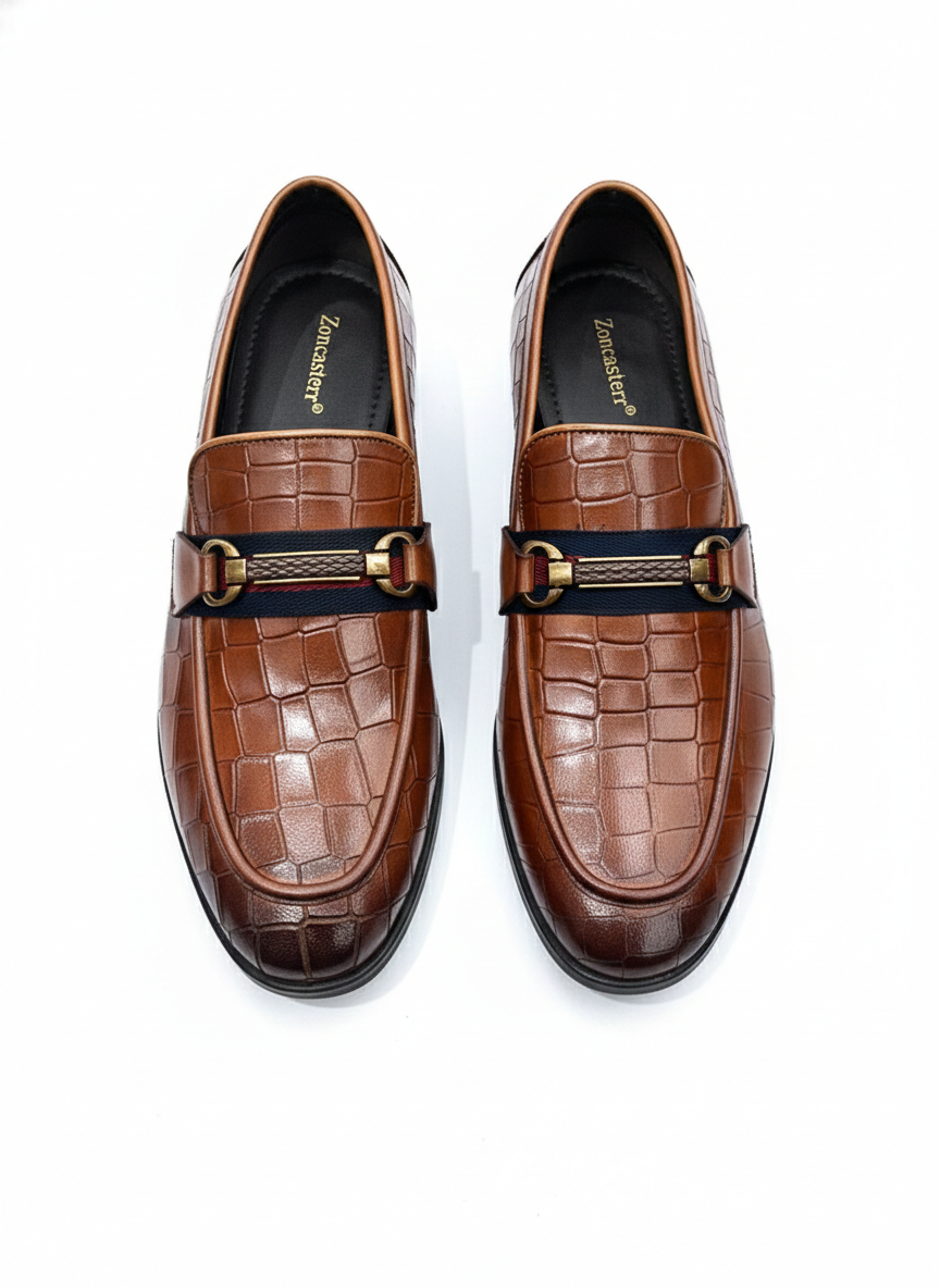 TAN CROCODILE TEXTURED HORSEBIT LOAFERS