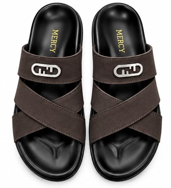 MEN’S CROSS-STRAP SLIDES – BROWN