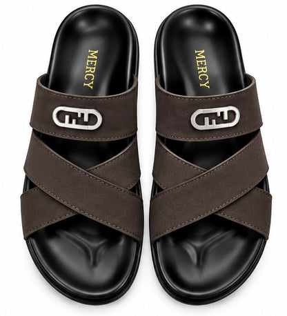 MEN’S CROSS-STRAP SLIDES – BROWN