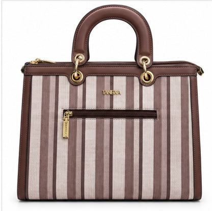 BROWN & CREAM STRIPED TOP HANDLE HANDBAG
