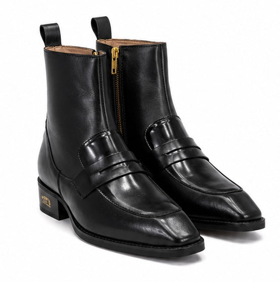 Black Penny Loafer Style Leather Ankle Boots For Men