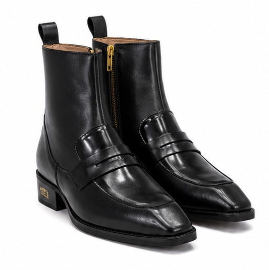 Black Penny Loafer Style Leather Ankle Boots For Men