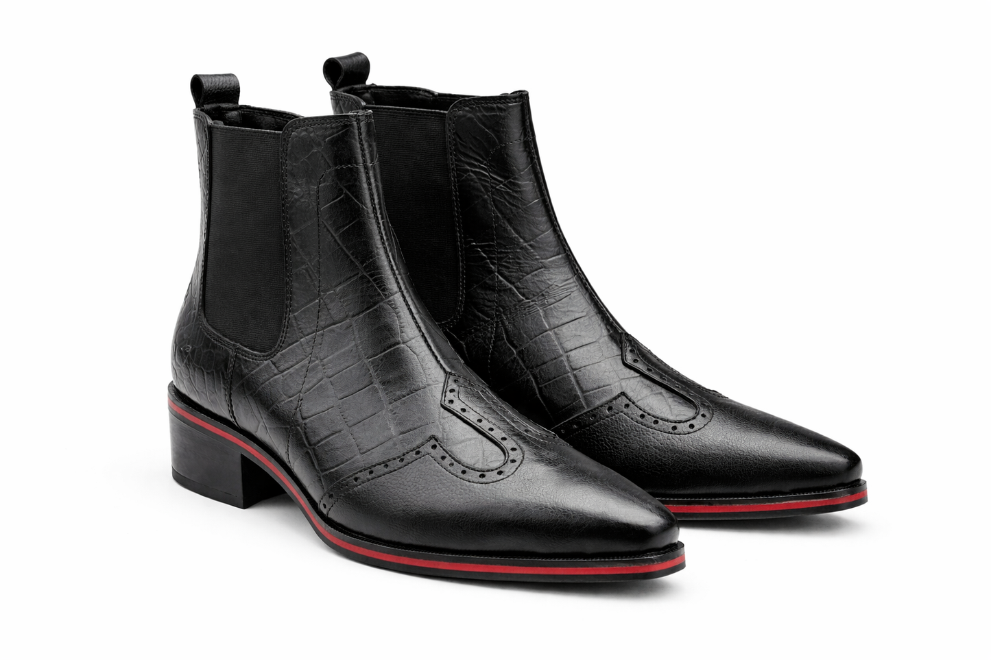 BLACK LEATHER CHELSEA BOOTS WITH BROGUE DETAIL AND RED SOLE TRIM