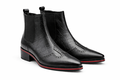 BLACK LEATHER CHELSEA BOOTS WITH BROGUE DETAIL AND RED SOLE TRIM
