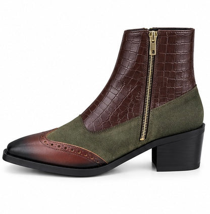 BROWN & OLIVE GREEN CROC TEXTURE ANKLE BOOTS