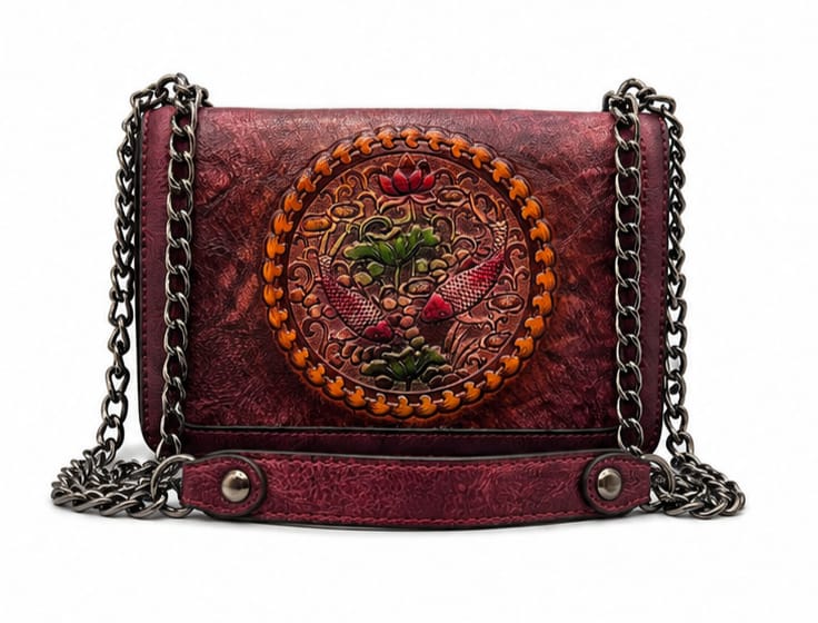 HANDCRAFTED EMBOSSED LEATHER CHAIN SHOULDER BAG MEHROON
