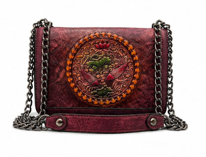 HANDCRAFTED EMBOSSED LEATHER CHAIN SHOULDER BAG MEHROON