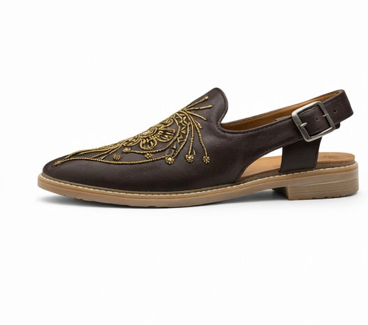 MEN'S PREMIUM BROWN DESIGNER EMBROIDERED ETHNIC SLIP-ON SANDAL SHOES