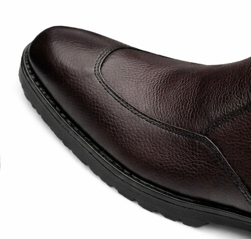 PREMIUM DARK BROWN TEXTURED LEATHER CHELSEA BOOTS WITH SIDE ZIP & DURABLE RUBBER SOLE