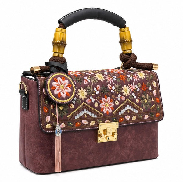 FLORAL EMBROIDERED HANDBAG – BROWN