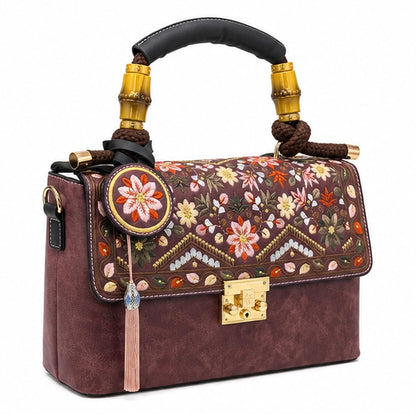 FLORAL EMBROIDERED HANDBAG – BROWN