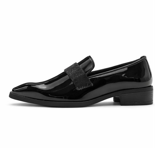 MEN'S PREMIUM BLACK PATENT LEATHER LOAFER SHOES WITH CRYSTAL STRAP