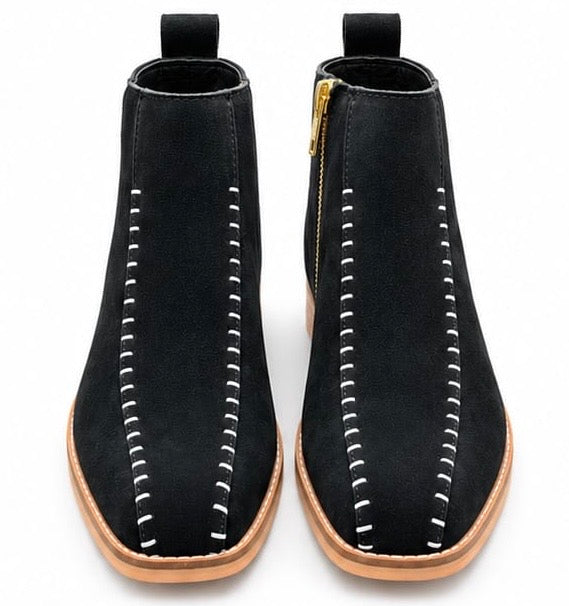 BLACK SUEDE LEATHER ANKLE BOOTS WITH CONTRAST STITCHING & WOODEN HEEL