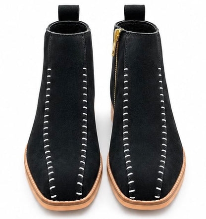 BLACK SUEDE LEATHER ANKLE BOOTS WITH CONTRAST STITCHING & WOODEN HEEL