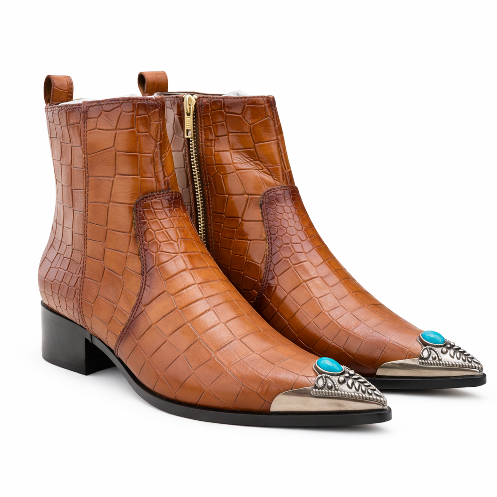 BROWN CROC TEXTURE LEATHER ANKLE BOOTS WITH METAL TOE CAP