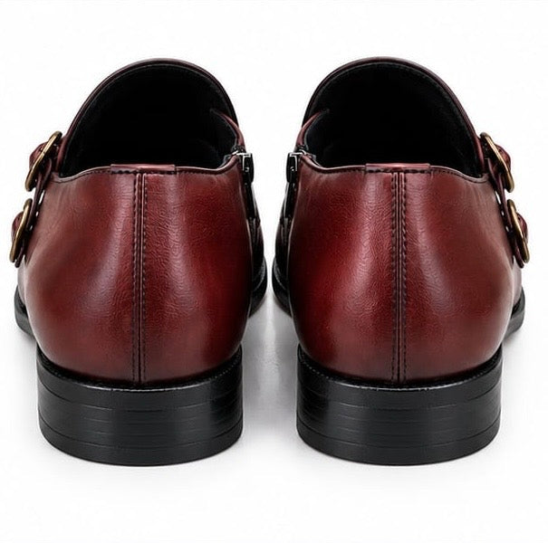 MAROON DOUBLE MONK STRAP LOAFERS WITH FRINGE DETAILING