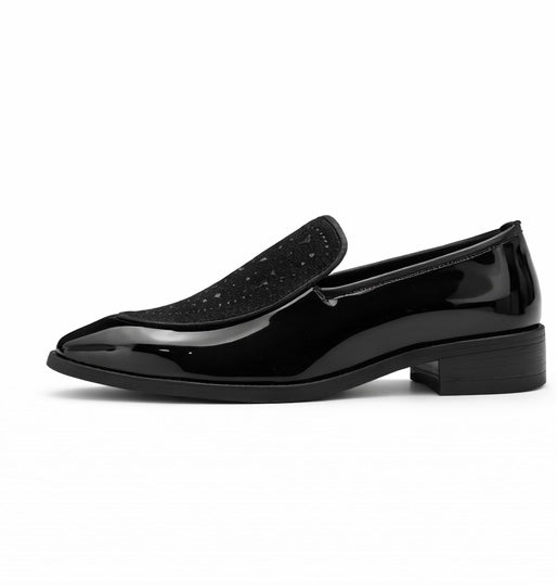 MEN'S PREMIUM BLACK PATENT LEATHER DESIGNER LOAFER SHOES WITH TEXTURED UPPER