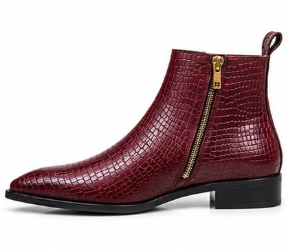 BURGUNDY CROCODILE EMBOSSED ZIP BOOTS