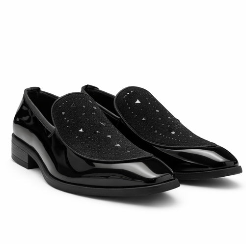 MEN'S PREMIUM BLACK PATENT LEATHER DESIGNER LOAFER SHOES WITH TEXTURED UPPER