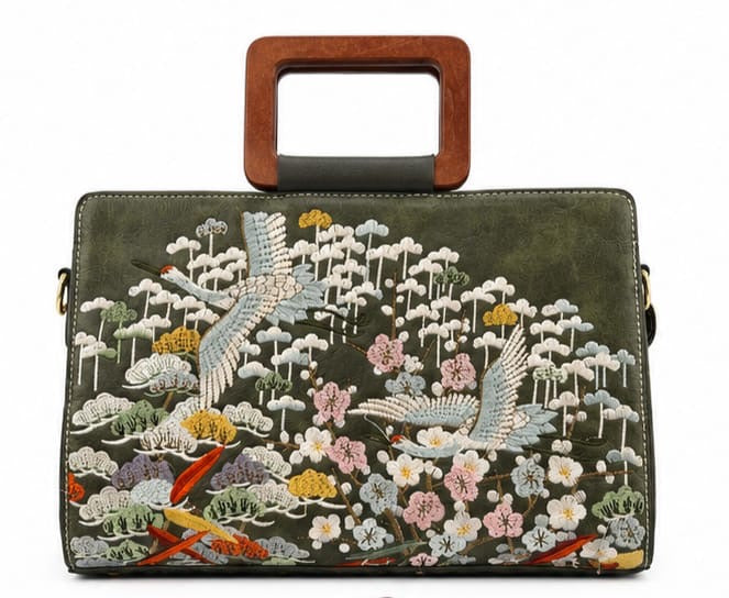 HANDCRAFTED FLORAL VINTAGE TOP HANDLE BAG GREEN