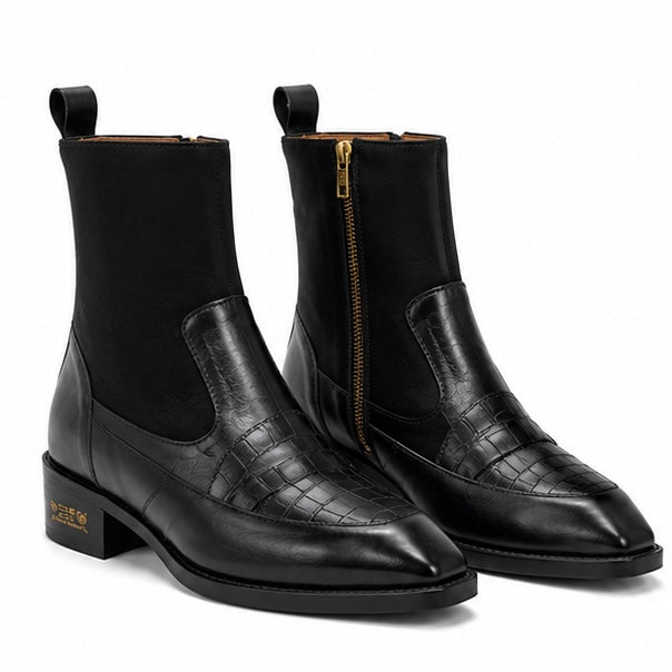 BLACK LEATHER CROCODILE PANEL ZIPPER ANKLE BOOTS
