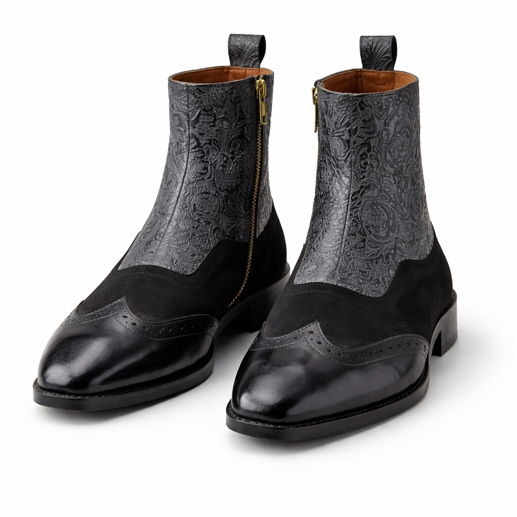 BLACK EMBOSSED LEATHER & SUEDE CHELSEA BOOTS WITH BROGUE DETAIL