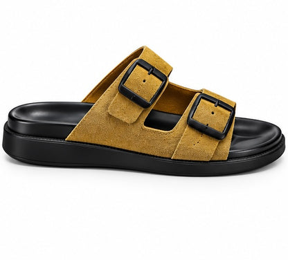 MEN’S DOUBLE-BUCKLE SLIDES – MUSTARD
