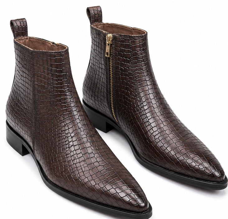 DARK BROWN CROCODILE EMBOSSED ZIP CHELSEA BOOTS