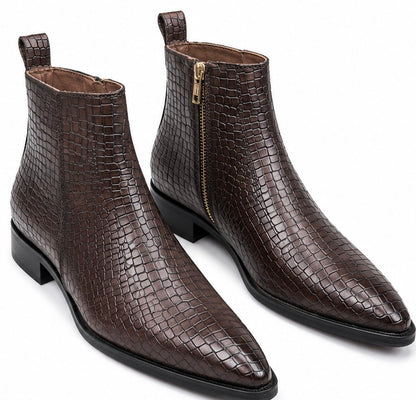 DARK BROWN CROCODILE EMBOSSED ZIP CHELSEA BOOTS