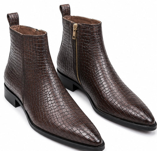 DARK BROWN CROCODILE EMBOSSED ZIP CHELSEA BOOTS