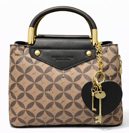 ELEGANT MONOGRAM PRINT TOP HANDLE HANDBAG WITH HEART CHARM
