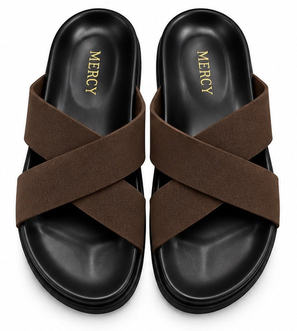 MEN’S CROSS-STRAP SLIDES – DARK BROWN
