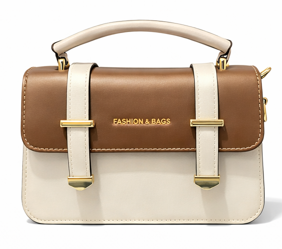 ELEGANT BROWN & CREAM TWO-TONE TOP HANDLE HANDBAG