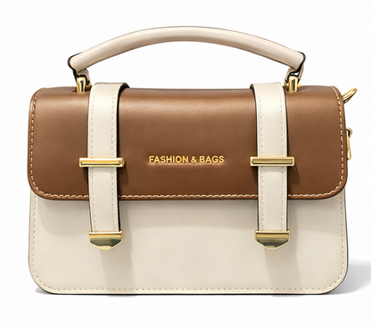 ELEGANT BROWN & CREAM TWO-TONE TOP HANDLE HANDBAG