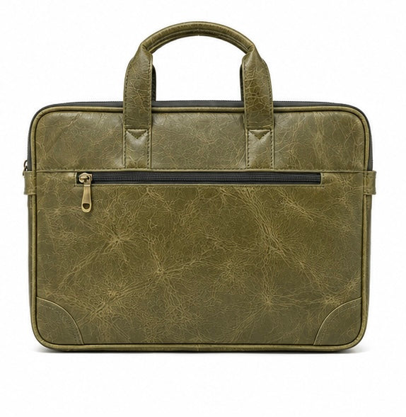 OLIVE GREEN LEATHER LAPTOP BRIEFCASE WITH BACK ZIP POCKET