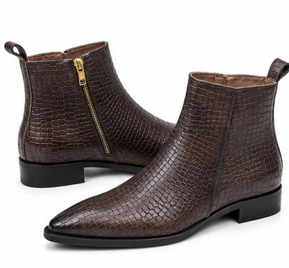 DARK BROWN CROCODILE EMBOSSED ZIP CHELSEA BOOTS