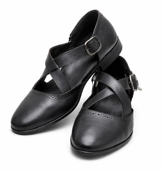 MEN'S BLACK LEATHER T-STRAP FORMAL SHOES – CLASSIC BUCKLE DESIGN DRESS SHOES