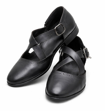 MEN'S BLACK LEATHER T-STRAP FORMAL SHOES – CLASSIC BUCKLE DESIGN DRESS SHOES
