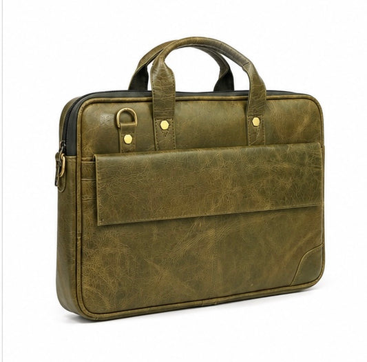 OLIVE GREEN LEATHER LAPTOP BRIEFCASE BAG