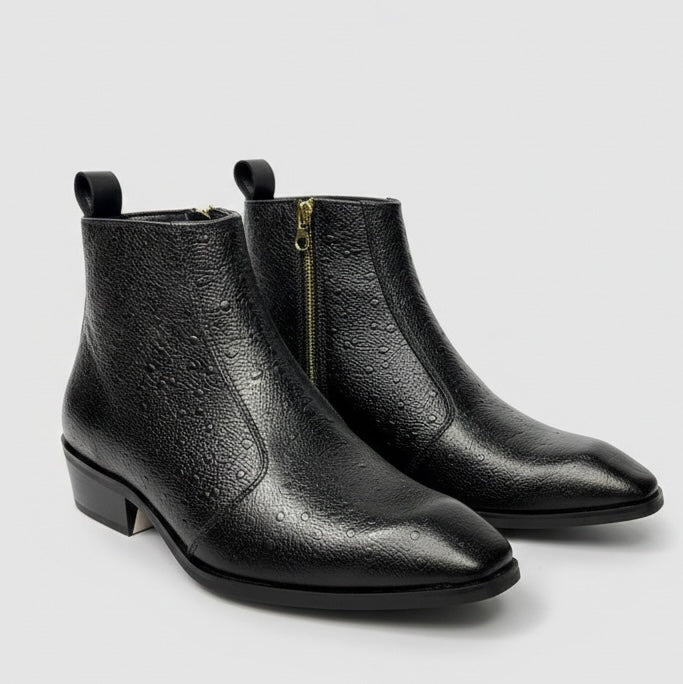 BLACK TEXTURED LEATHER ANKLE BOOTS WITH SIDE ZIPPER & GOLD HEEL DETAIL