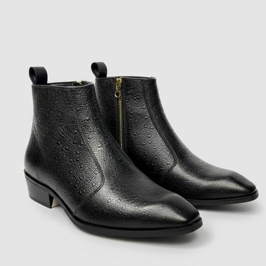 BLACK TEXTURED LEATHER ANKLE BOOTS WITH SIDE ZIPPER & GOLD HEEL DETAIL